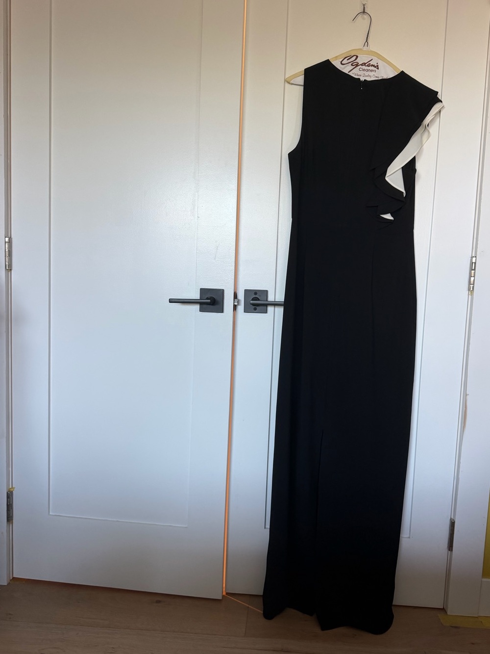 Halston Heritage Black One-Shoulder Gown with White Ruffle Trim